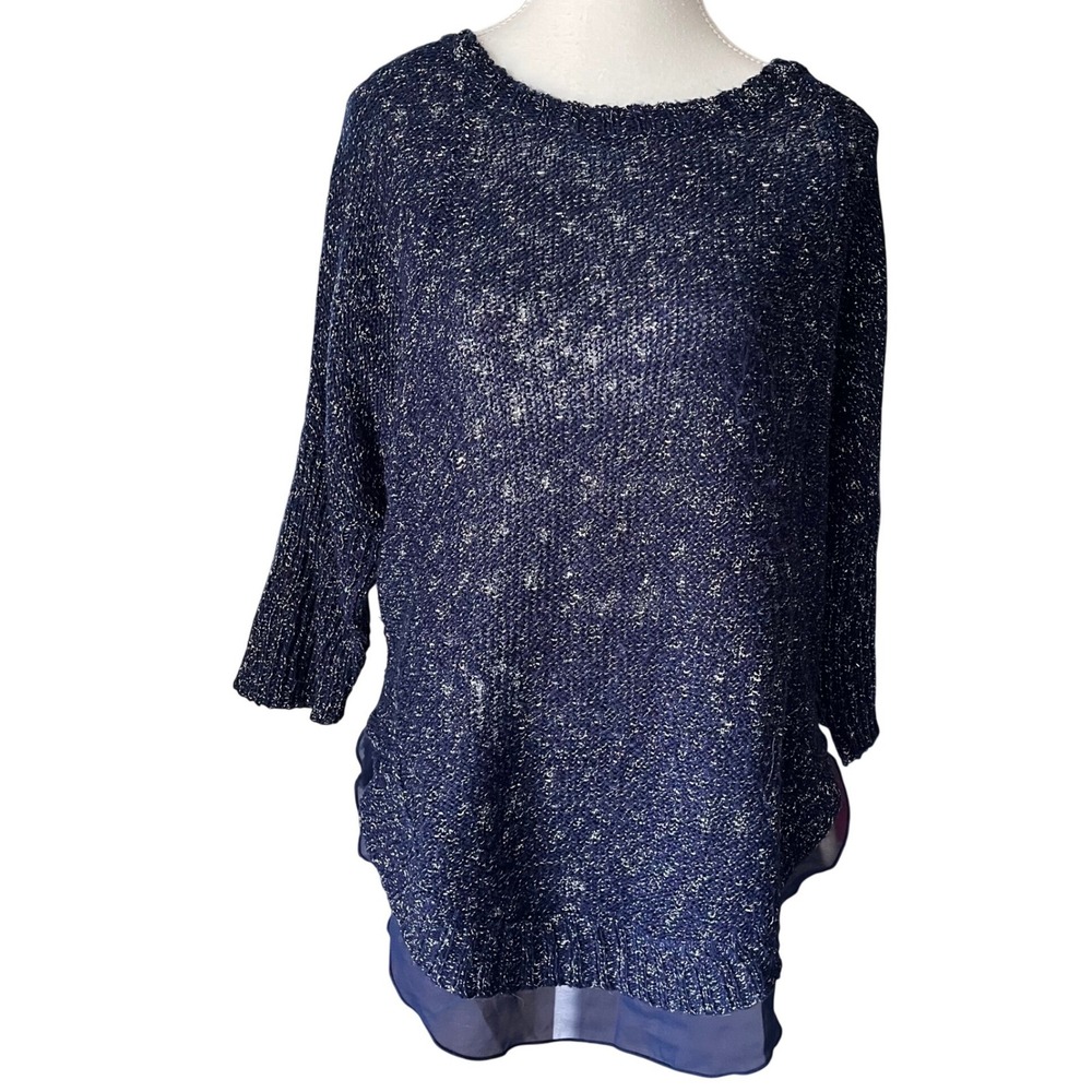 ANA A New Approach Navy Metallic Shimmer Layered Hem Knit‎ Sweater Womens Small